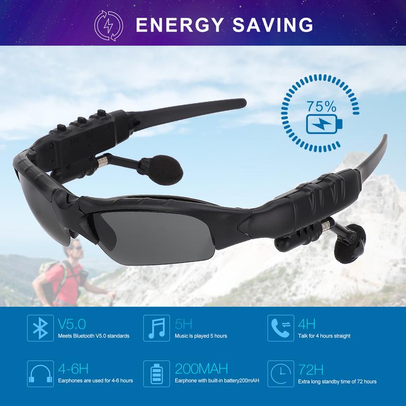 Wireless & Smart Sport Sunglasses，Perfect for Sports, Outdoor, Driving & Cycling ，5.0: Enhanced UV Protection, Compatible with SmartPhone & PC - Incredible Stereo Sound - Handsfree Earphone - Classy Black