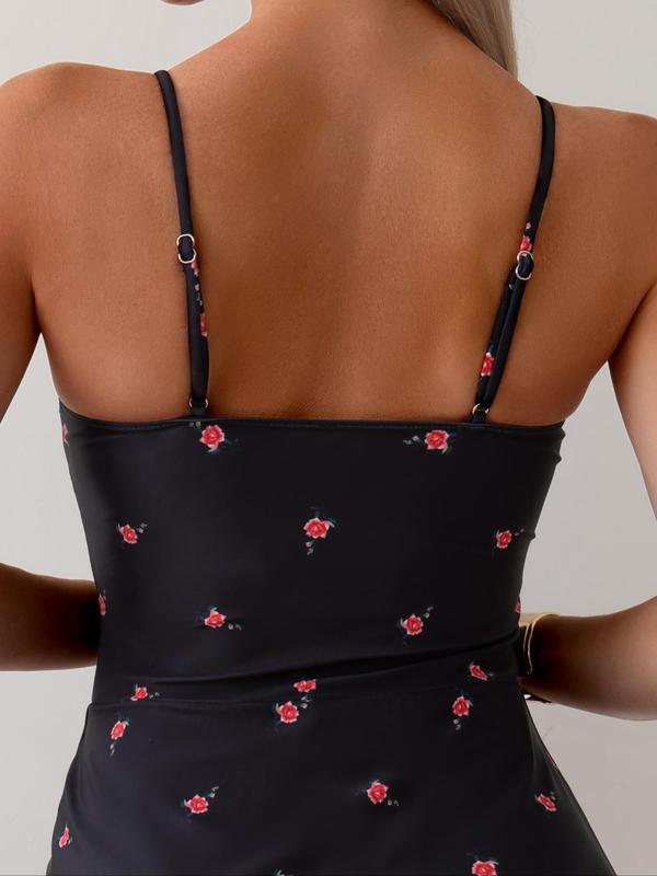 Women's Floral Print Knot Front Wrap Back To School One-piece Swimsuit, Casual Backless Adjustable Strap Swimdress for Summer, Fashion Women's Swimwear, Swimsuit for Women