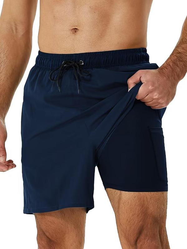 Men Swim Trunks Plain 2-IN-1 Pocket Zipper Beach Shorts, Loose Casual Grommet Eyelet Drawstring Elastic Waist Gym Shorts, Summer Swimwear for Men