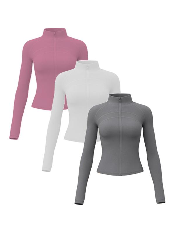 Women's Solid Zip Up Thumb Hole Sports Jacket, Sports Long Sleeve Stand Collar Outerwear for Yoga Gym Workout, Ladies Sportswear for Fall & Winter