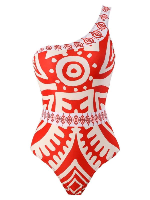 Women's Ethnic Pattern Summer Swimsuit Set, Boho One Shoulder One Piece Swimsuit & Elastic Waist Pants Swimwear Set, Summer Bathing Suits Women, Swimsuit for Women, Summer Clothes for Women