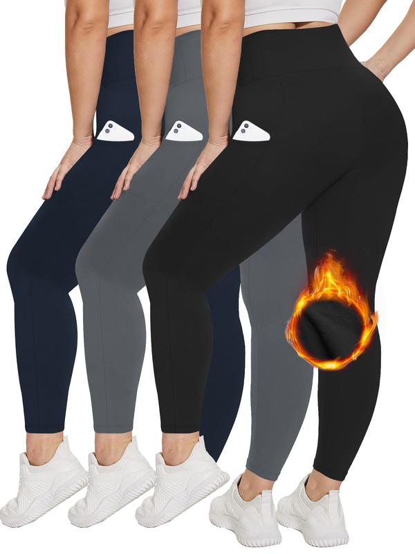 3 Pack Fleece Lined Leggings Women's High Waisted Yoga Pants with Fleece Lining and Pockets for Winter Workout - Comfort, Womenswear