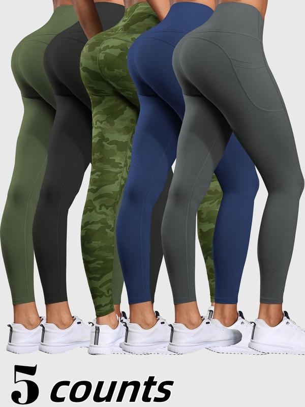 Women's Solid High Waist Pocket Sports Leggings, Sporty Comfy Breathable Skinny Pants for Yoga Gym Workout Running, Ladies Sportswear for All Seasons