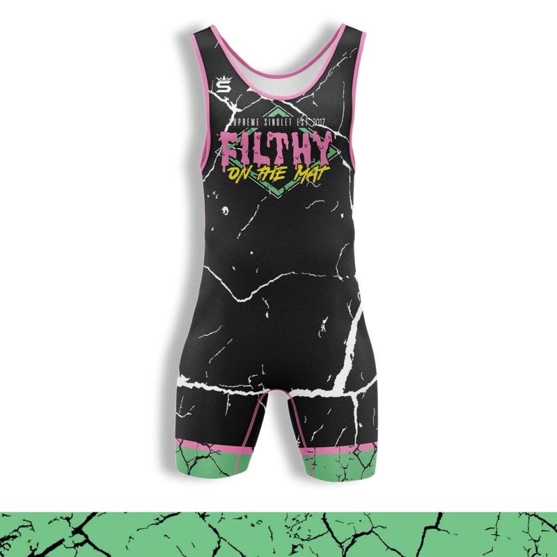 Filthy wrestling singlet, 80s flair with a wrestler’s edge, Black fabric, Electrified by white crackle patterns