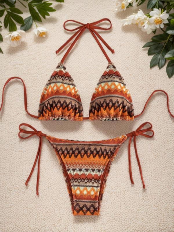 Two-Piece Set Women's Summer Chevron Print Tie Back Bikini Set, Bathing Suits 2024, Halter Neck Triangle Bra & Tie Side Panty Swimsuit Sets for Women, Summer Outfits 2024, Summer Clothes, Fashion Chic Ladies Swimwear for Summer Beach Holiday Vacation