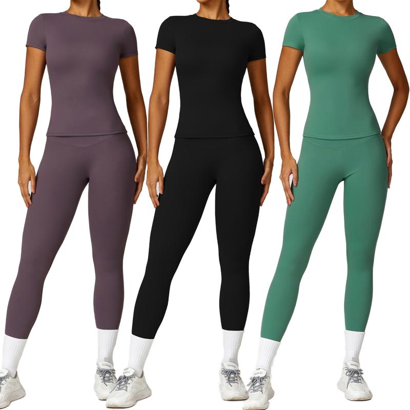 Women's Yoga Set Gym Exercise Clothing Fitness Slim Fit Short Sleeved Top Clothing Outdoor Running And Cycling High Waisted Leggings Set