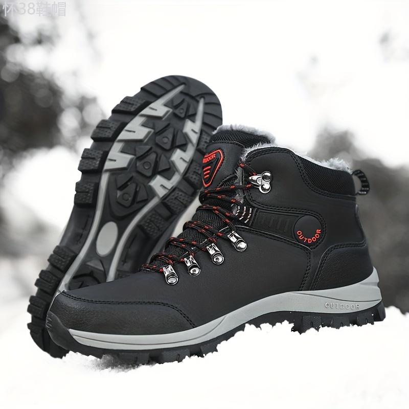 Men's Outdoor Snow Boots, Winter Thermal Shoes, Windproof Hiking Boots With Fuzzy Lining