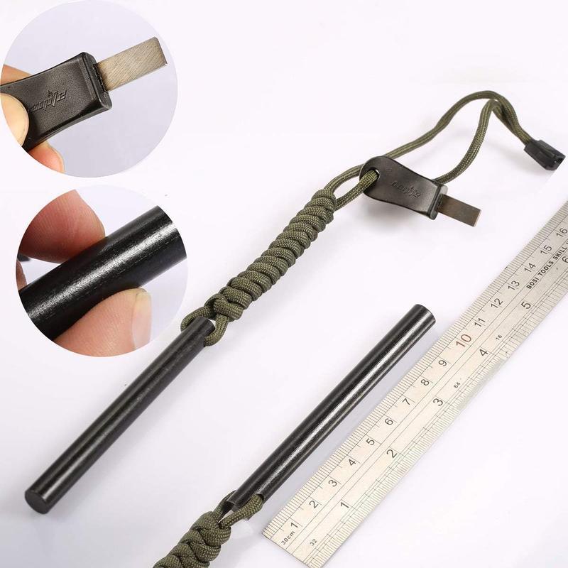 bayi 4 Inch Survival Ferrocerium Drilled Flint Fire Starter, Ferro Rod Kit with Paracord Landyard Handle and Striker, 4