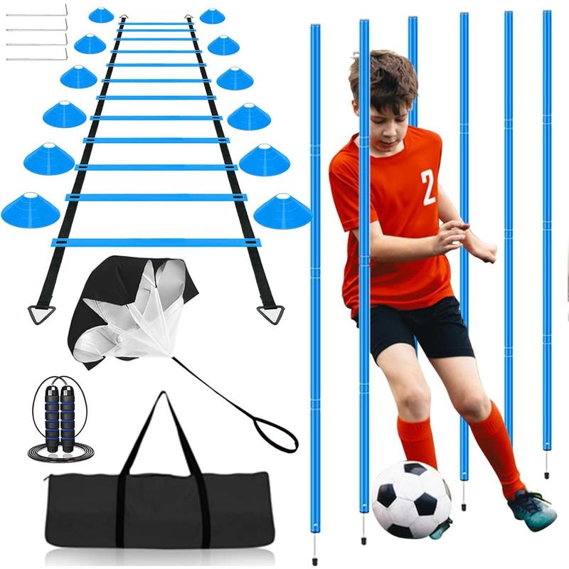 Speed & Agility Training Equipment-20ft Agility Ladder, 6 Poles, 12 Soccer Cones, Resistance Parachute, Jump Rope, Soccer Football Basketball Sport Training Set for Kids Youth Adults