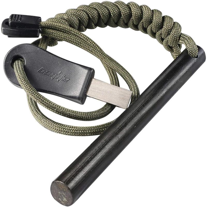 bayi 4 Inch Survival Ferrocerium Drilled Flint Fire Starter, Ferro Rod Kit with Paracord Landyard Handle and Striker, 4