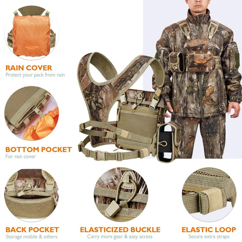 NEW VIEW Quiet Binocular Harness Chest Pack with Detachable Rangefinder Pouch and Rain Cover