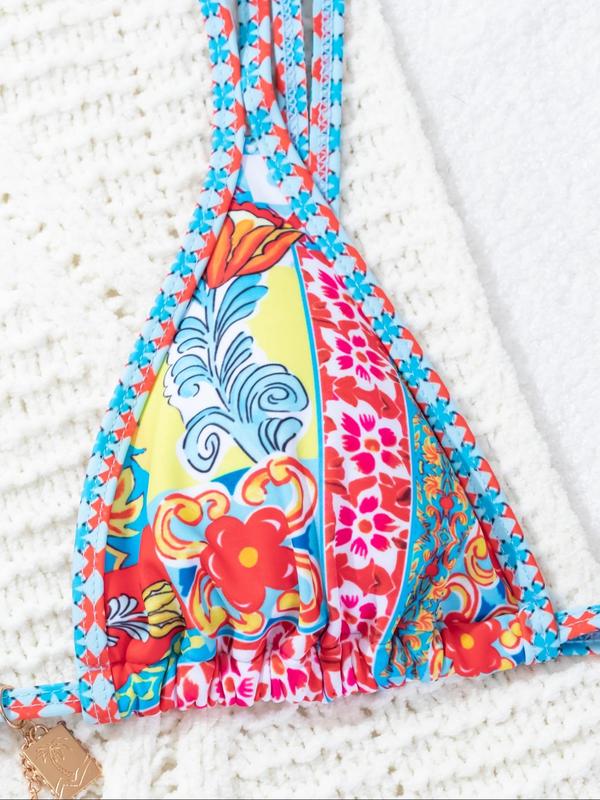 Women's Patchwork Floral Print Bikini Set, Boho Tie Back Triangle Swim Bra & Tie Side Swim Thong, Summer Back To School Two-piece Swimsuit for Beach Holiday Vacation