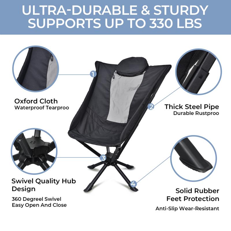 2024 Camping Gadgets Portable Swivel High Back Camping Chair, Quick Setup, Lightweight Compact Folding Chair, Carrying Case - 330 lbs