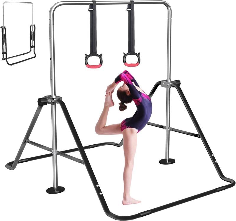 FBSPORT Gymnastics Bar for Kids with Rings，Adjustable Height Gymnastic Horizontal Bars,Junior Training Bar Children Folding Training Monkey Bars for Home Using