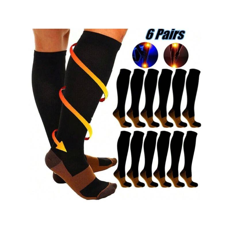 6 Pairs Copper Compression Socks Mens Womens S M L XL XXL 20-30mmHg Support Knee High Socks Stockings Unisex Energy Ankle Support Running Athletic Sports Fitness Socks