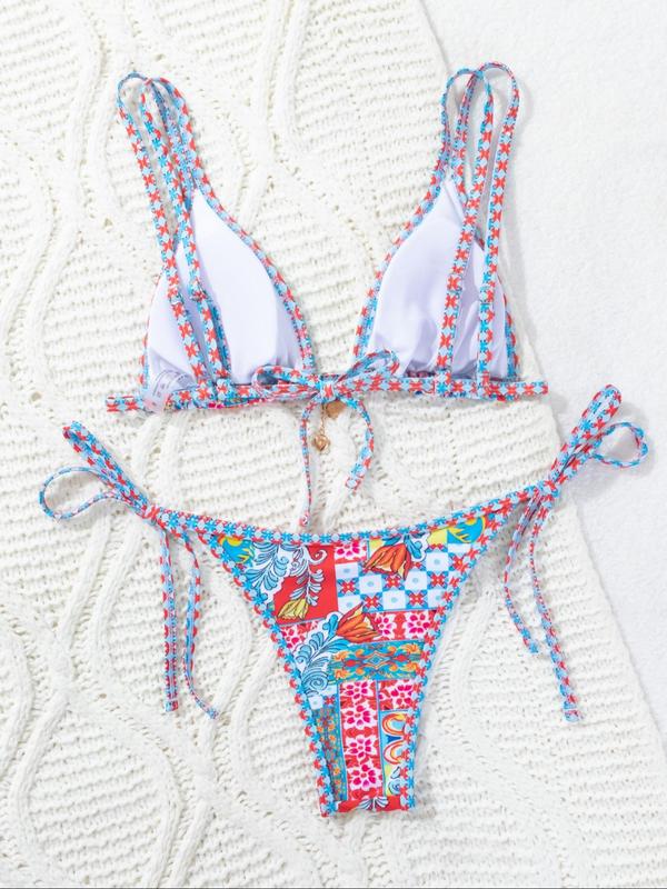 Women's Patchwork Floral Print Bikini Set, Boho Tie Back Triangle Swim Bra & Tie Side Swim Thong, Summer Back To School Two-piece Swimsuit for Beach Holiday Vacation