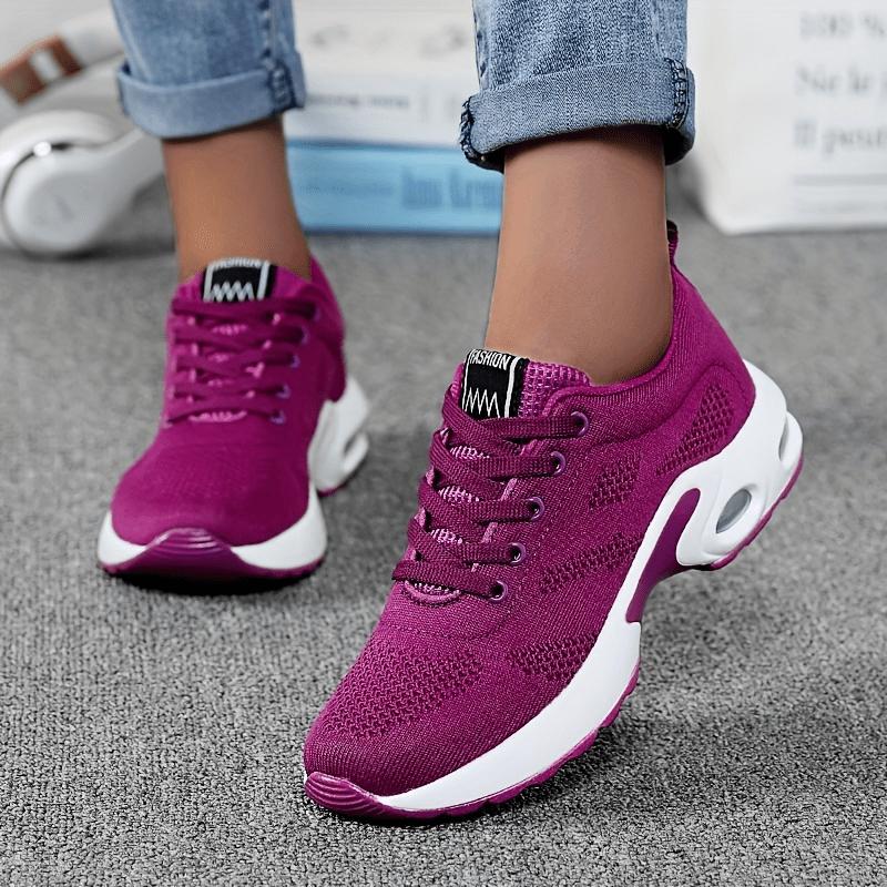 Women's Air Cushion Sneakers, Flying Woven Shock Absorbing Running Shoes, Lace Up Comfortable Outdoor Sports Shoes