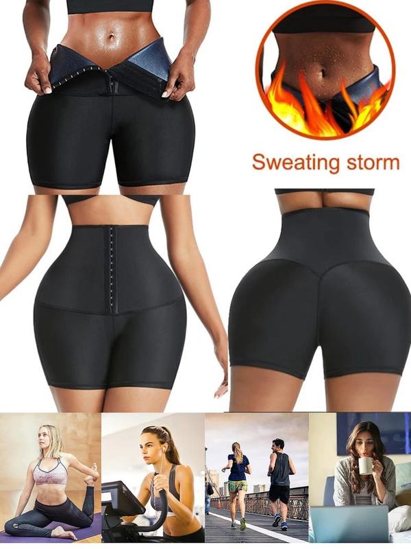 Women's Solid Adjustable Hook & Eye Sauna Shorts, High Stretch Tummy Control Sauna Shorts, Ladies Sportswear for Indoor Outdoor Wear