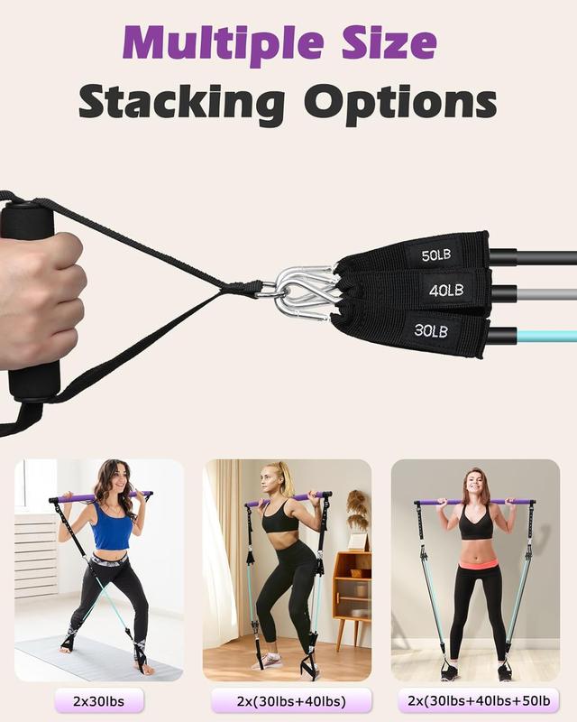 Pilates Bar Kit with Resistance Bands, 3-Section Pilates Bar with Adjustable Strap, Door Anchor, Handles and Foot Strap exercise equipment push-up board fitness enthusiast