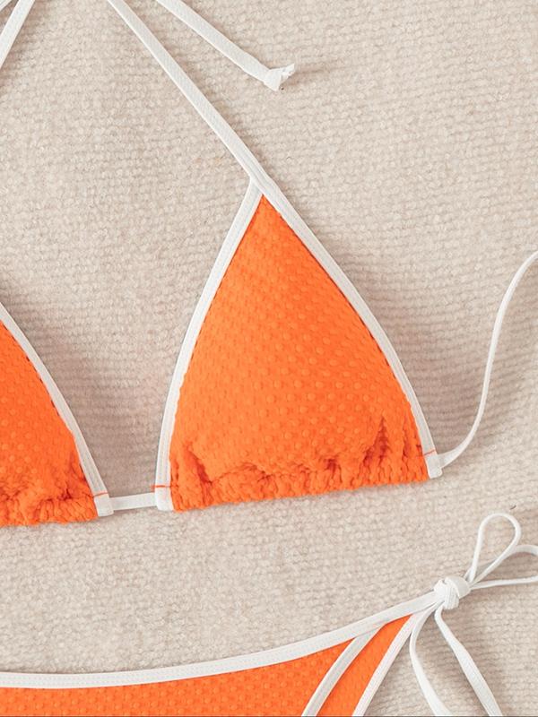 Women's Plain Jacquard Contrast Binding Bikini Set, Casual Tie Back Halter Neck Triangle Bikini Bra & Tie Side Swim Thong for Beach Holiday Vacation, Fashion Chic Ladies Bathing Suit for Summer