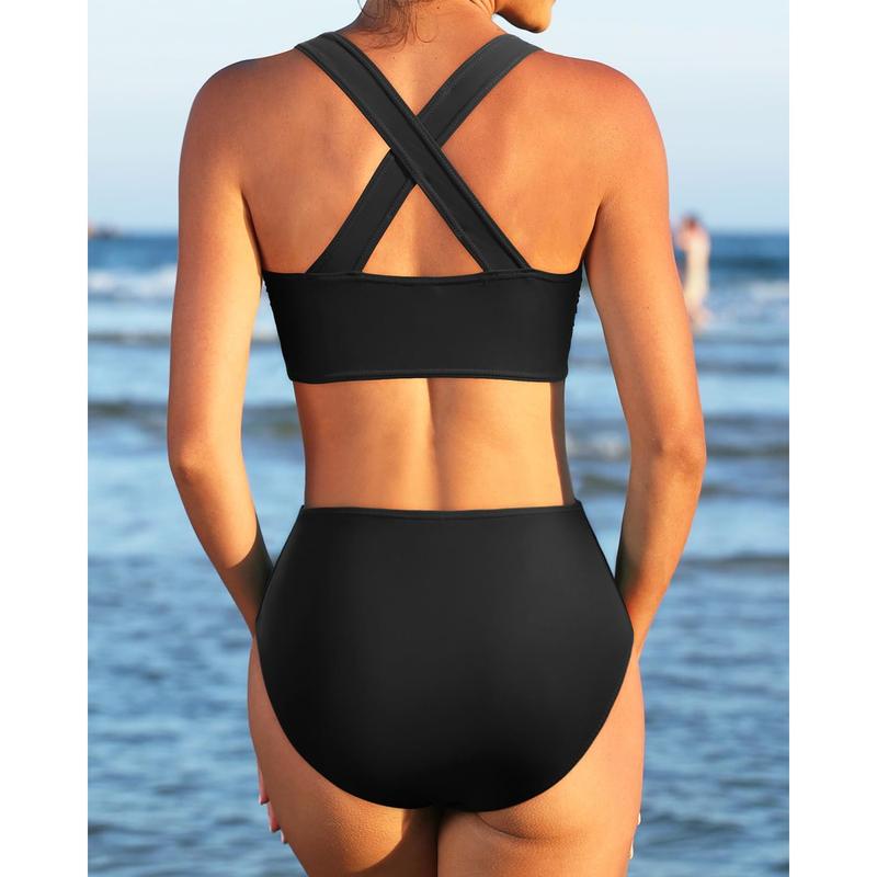 Holipick Women High Waisted Two Piece Bikini Sports Crop Top Swimsuit Scoop Neck Bathing Suit for Teen Girls with Bottom