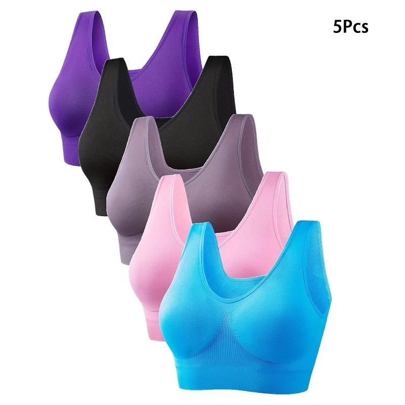 5PCs Plus Size Seamless Full Cover Sports Bra - Wireless, Backless, Medium Stretch, Solid Color, Pullover Fitness Tank Bra for Comfortable Workout