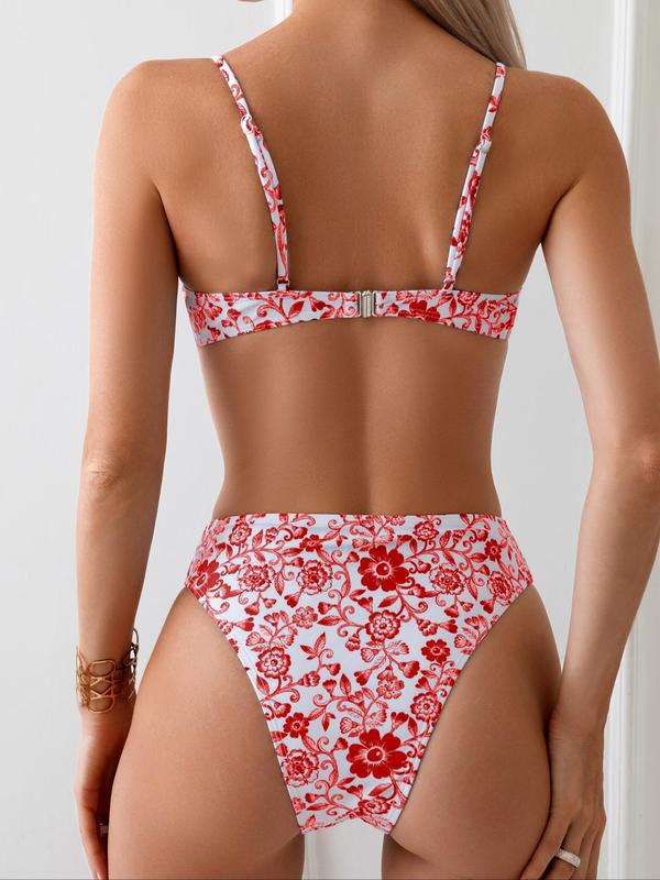 Two-Piece Set Women's Floral Print Bikini Set, Adjustable Strap Shirred Bikini Top & High Waist Bikini Bottom, Two-piece Swimsuit for Summer Beach Holiday Vacation, Back to School Outfits, Swimsuit Sets Bathing Suits 2024