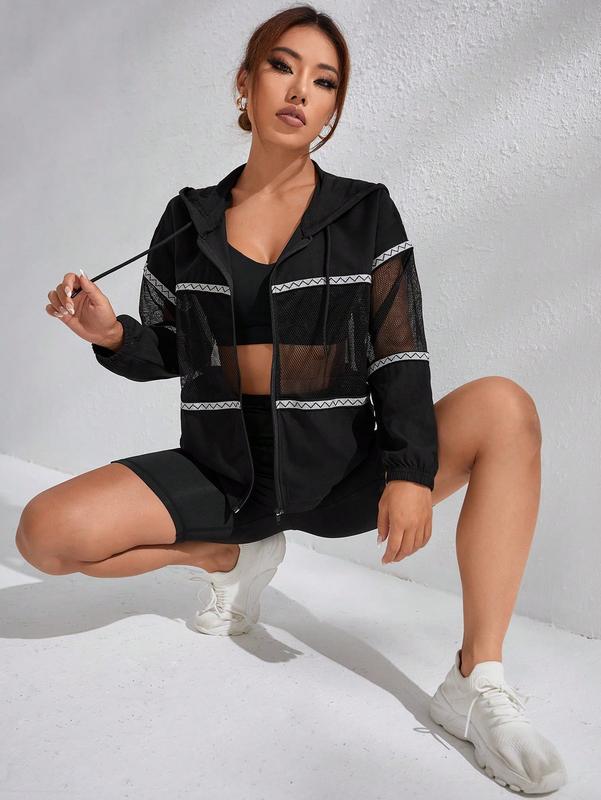 Contrast Mesh Long Sleeve Drawstring Hoodie Sports Jacket