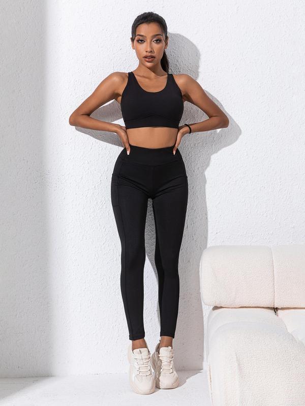 Women's Solid High Waist Pocket Sports Leggings,  Women Workout Clothes, Sporty Comfy Breathable Skinny Pants for Yoga Gym Workout Running, Ladies Sportswear for All Seasons, Fall Outfits, Fallfreshness