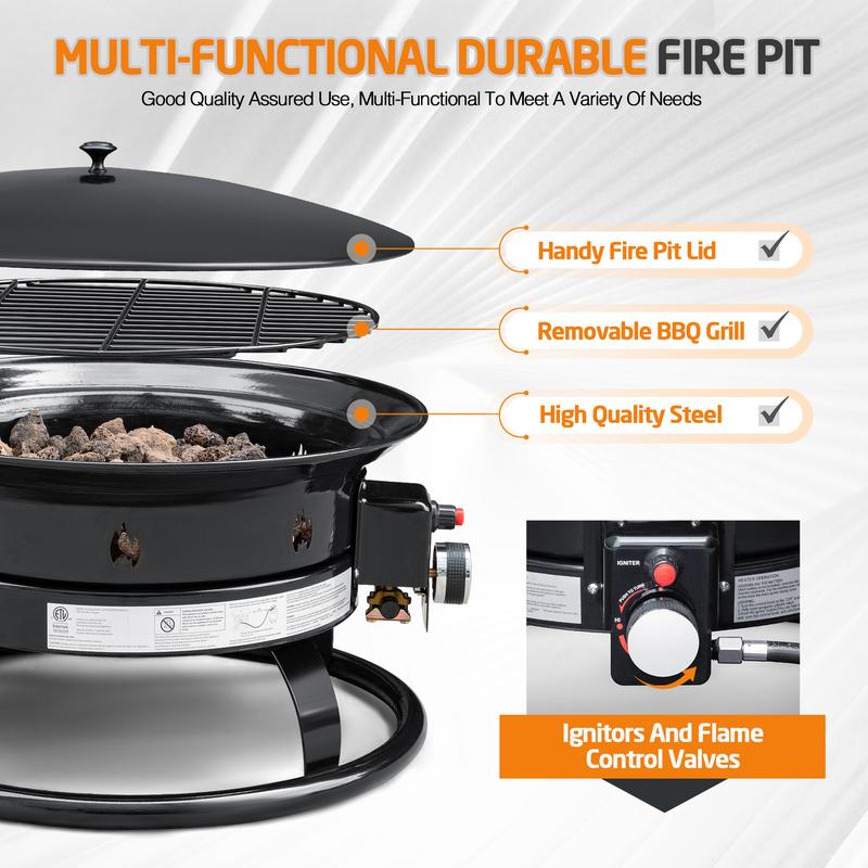 Furmax Outdoor Portable Auto-Ignition Propane Fire Pit with Lid, Grill and Lava Rocks