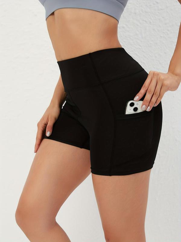 Women's Solid High Waist Sports Shorts, Sporty Comfortable Quick Drying Pocket Skinny Shorts, Gym Shorts, Ladies Sportswear for Gym Yoga Running