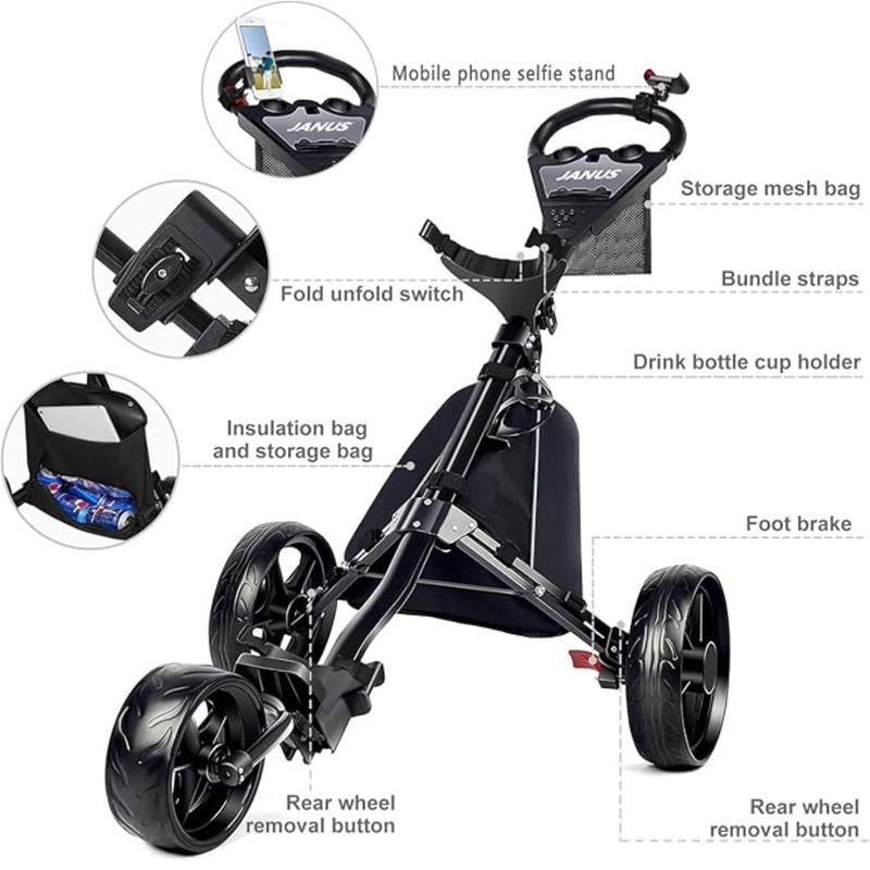 JANUS Golf Cart, Foldable Golf Push Cart, Golf Bag Cart, Fits Golf Stand Bag and Golf Cart Bags, Golf Caddy Cart with Optional Large Wing or Small Wing, Includes Ice Bag