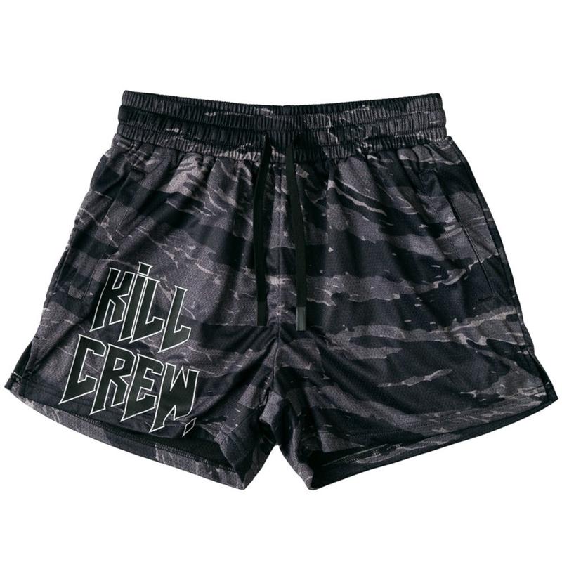 [Kill Crew] Muay Thai Shorts Logo - Black Camo, Unisex, Mid Thigh Cut, Pockets, Gym Shorts, Elastic Waistband, Long drawcord with wax tips