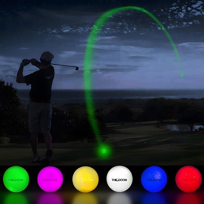 THION Glow in The Dark Golf Balls Light Activated 7 Colors Light Up LED Golf Balls No Timer Stay Lit Easy to Turn On and Off with Flashlight Glowing Golf Balls for Night Golfing 6 Pack