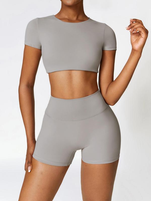 Women's Solid Round Neck Crop Top & High Waist Shorts Sports Set, Sporty Casual Breathable Comfortable Two-piece Outfits for Yoga Gym Workout Running, Ladies Sportswear for All Seasons