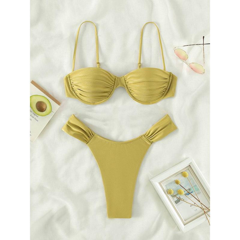 Women Swim Bikini Suit, Solid Color Pleated Sleeveless Bra+ Shorts Briefs Swimwear Swimsuit