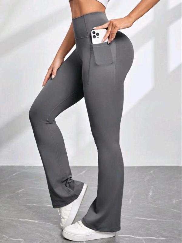 Women's Plain High Waist Flare Leggings,  Flared Yoga Pants, Back To School Scrunch Leggings, Casual Sporty Comfy Pocket Design Bell Bottom Trousers for Yoga Gym Running, Fall Clothes, Fall Outfits 2024, Downtown Girl Clothes