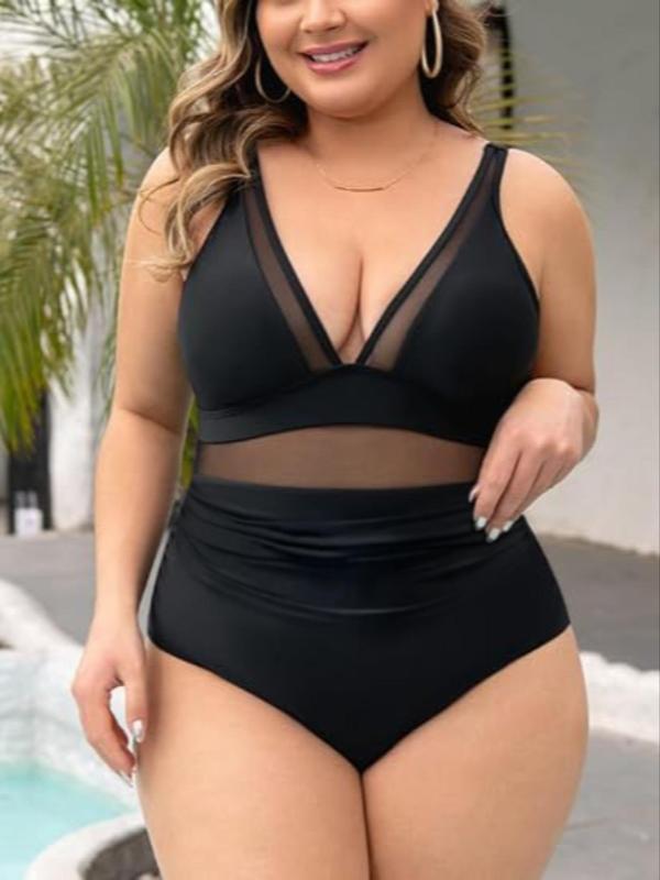 Plus Size Sexy Contrast Mesh V Neck One-piece Swimsuit, Adjustable Strap Swimwear for Summer, Ladies Plus Size Swimwear for Beach, Back To School Outfits, Plus Size Swimwear