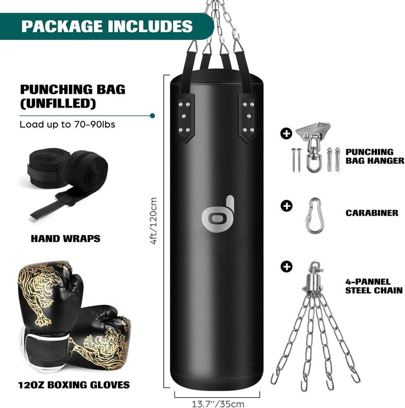 Punching Bag Set for Adults, 4FT PU Heavy Boxing Bag with 12OZ Boxing Gloves, Hand Wraps, Hanging Chains for MMA Karate Kickboxing Martial Art Home Gym Trainging - Unfilled