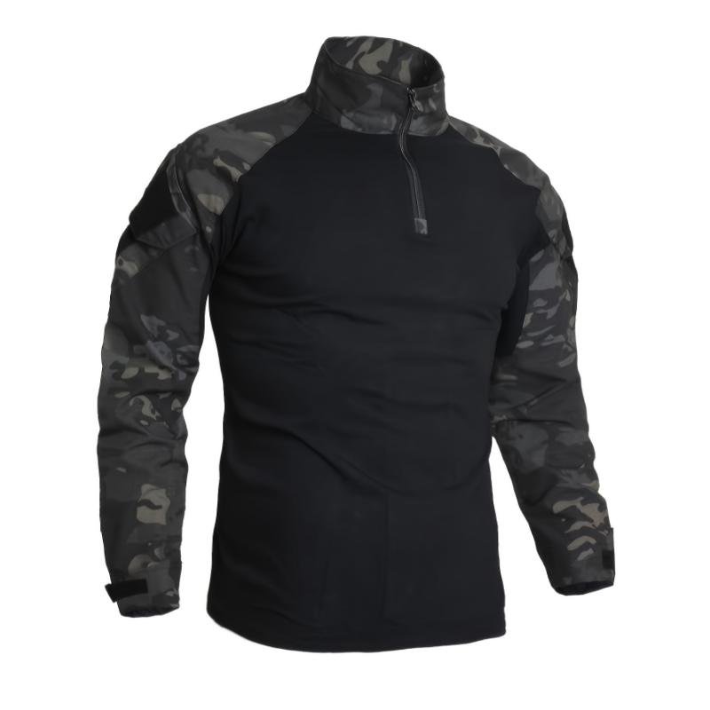 Camo Color Block Men's Outdoor Sports Long Sleeve Tactical Stretch Cotton Top With Half Zipper And Pocket Design, Camping, Climbing, Hiking, Fishing