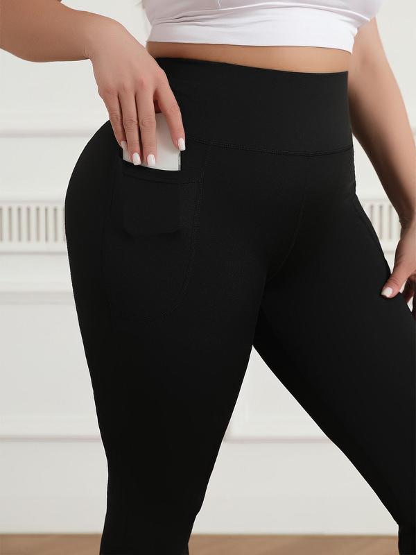 Plus Size Solid Pocket Flare Leg Sports Leggings, Casual High Waist Skinny Bell Bottom Pants for Yoga Gym Workout Running, Yoga Pants, Summer Outfits 2024