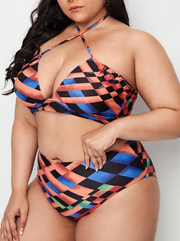 Plus Size Two-piece Set Geometric Print Criss Cross Backless Bikini Swimsuit, Drawstring Waist Swimwear for Women, Women's Swimsuit for Summer