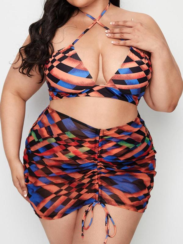 Plus Size Two-piece Set Geometric Print Criss Cross Backless Bikini Swimsuit, Drawstring Waist Swimwear for Women, Women's Swimsuit for Summer