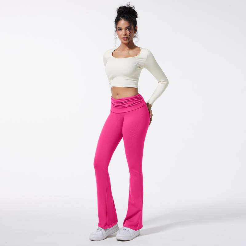 OQQ Women's 2 Piece Yoga Leggings - High Waist Pleated Ribbed Seamless Tracksuit Pants - Fabric, Spandex