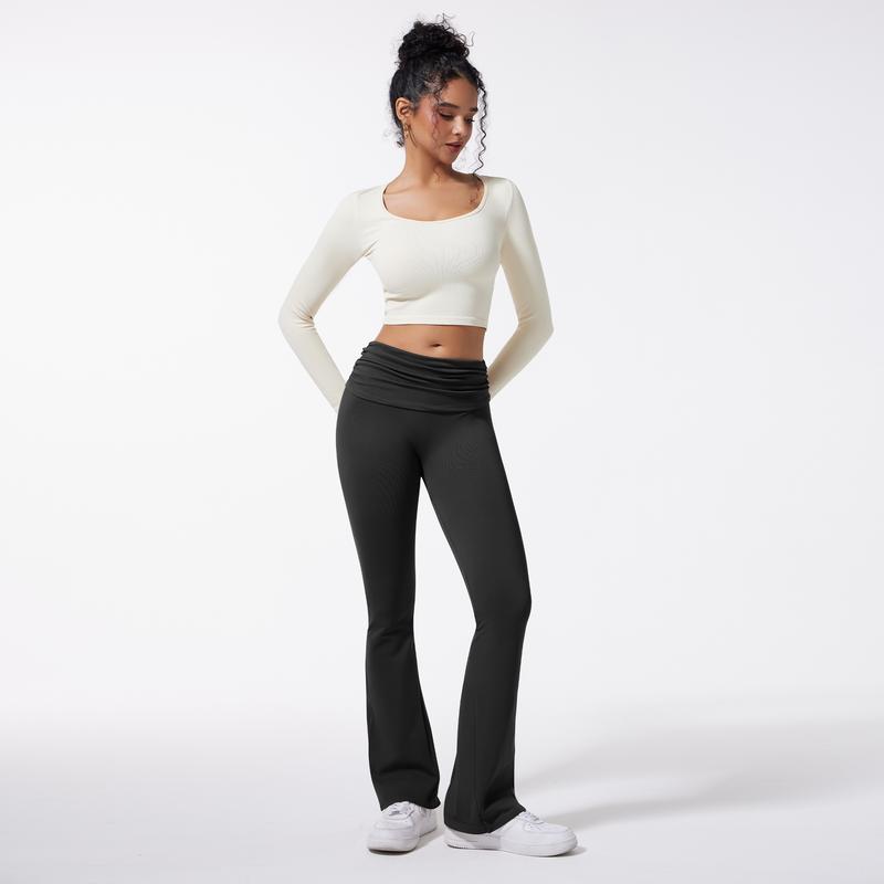 OQQ Women's 2 Piece Yoga Leggings - High Waist Pleated Ribbed Seamless Tracksuit Pants - Fabric, Spandex