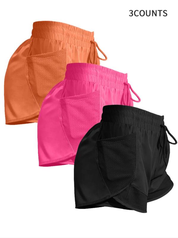 Women's Plain Pocket Drawstring Waist Athletic Sports Shorts, Sporty Quick-drying 2 in 1 Wrap Shorts, Gym Shorts for Women, Fall Women's Back To School Sportswear for Running Workout, Gym Clothing