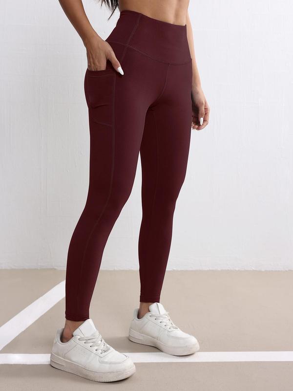 Women's Solid Color Pocket High Waist Sports Leggings, Sporty Comfy Breathable Skinny Pants for Yoga Gym Workout Running, Leggings for Women, Ladies Sportswear for All Seasons