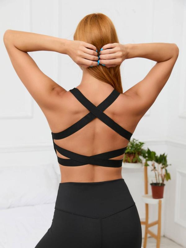 Women's Criss Cross Backless Cut Out Sports Bra, Solid Color Crop Sports Top, Workout Gym Yoga Exercise Bra for Women