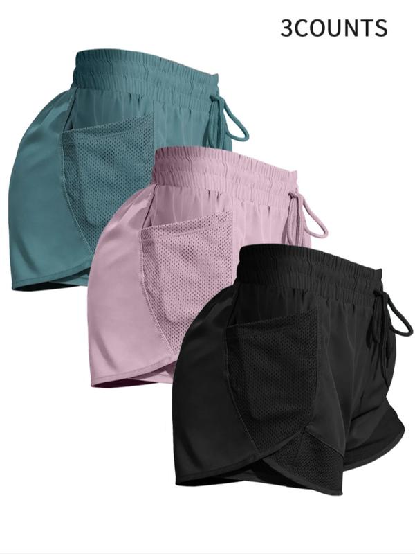 Women's Plain Pocket Drawstring Waist Athletic Sports Shorts, Sporty Quick-drying 2 in 1 Wrap Shorts, Gym Shorts for Women, Fall Women's Back To School Sportswear for Running Workout, Gym Clothing