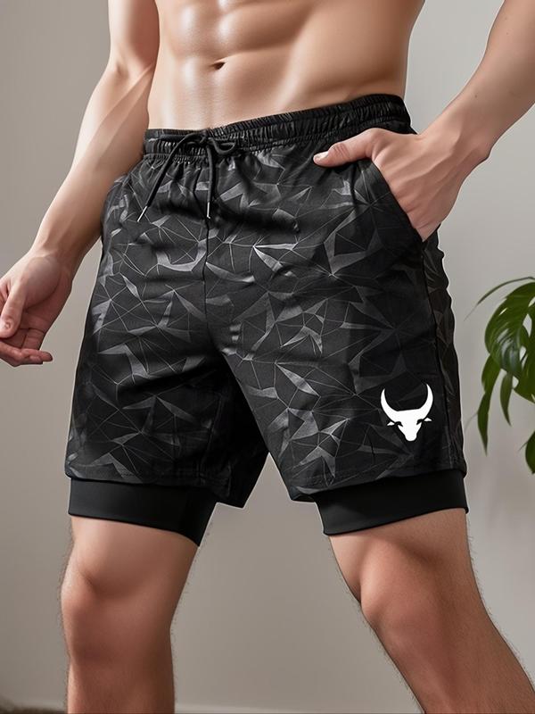 Men's 2 in 1 Print Drawstring Waist Sports Shorts, Regular Fit Casual Pocket Joggers for Summer, Men's Sport & Outdoor Clothing for Indoor Outdoor Wear, Fall Outfits, Fallfreshness, Shorts for Men, Gym Clothing